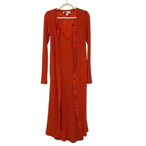 FP Beach Rib Maxi Tank Dress Cardigan Duster Set Orange Small Tropical Resort